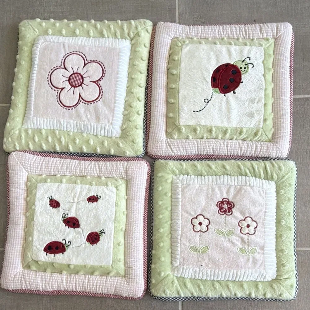 Set of 4 Quilted Nursery Wall Hanging Squares Ladybug Flower Pink Green Red